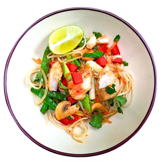 LEMON BUTTER TILAPIA WITH RICE NOODLES & ASIAN VEGETABLES