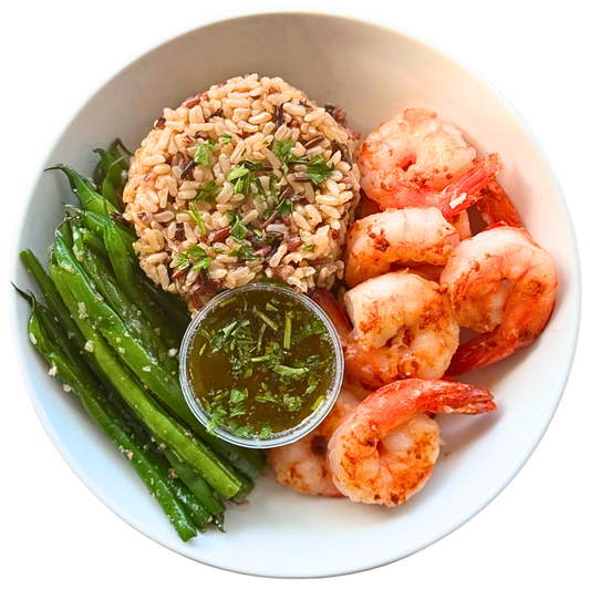 GARLIC BUTTER SHRIMP BOWL WITH BROWN RICE